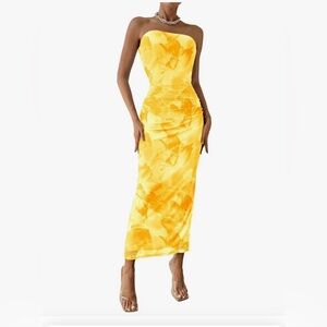 Yellow floral strapless maxi dress
